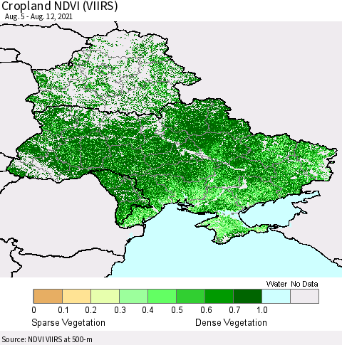 Ukraine, Moldova and Belarus Cropland NDVI (VIIRS) Thematic Map For 8/5/2021 - 8/12/2021