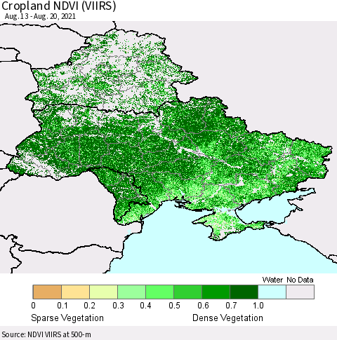 Ukraine, Moldova and Belarus Cropland NDVI (VIIRS) Thematic Map For 8/11/2021 - 8/20/2021