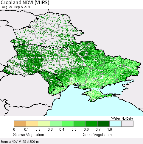 Ukraine, Moldova and Belarus Cropland NDVI (VIIRS) Thematic Map For 8/29/2021 - 9/5/2021
