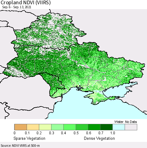 Ukraine, Moldova and Belarus Cropland NDVI (VIIRS) Thematic Map For 9/6/2021 - 9/13/2021
