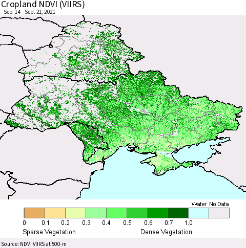Ukraine, Moldova and Belarus Cropland NDVI (VIIRS) Thematic Map For 9/14/2021 - 9/21/2021