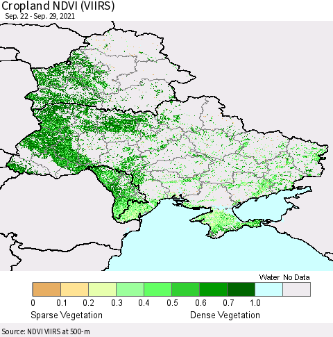 Ukraine, Moldova and Belarus Cropland NDVI (VIIRS) Thematic Map For 9/22/2021 - 9/29/2021