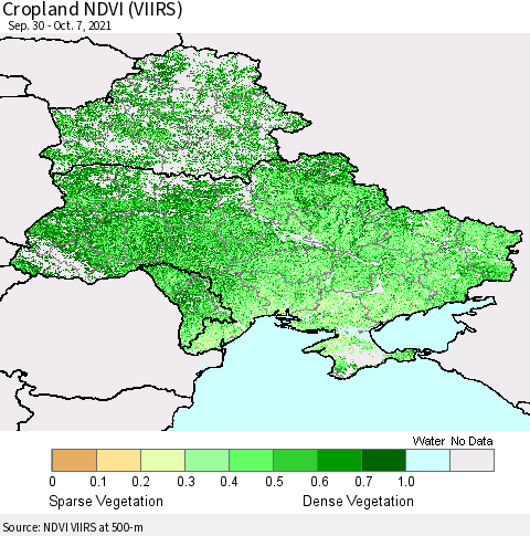 Ukraine, Moldova and Belarus Cropland NDVI (VIIRS) Thematic Map For 9/30/2021 - 10/7/2021