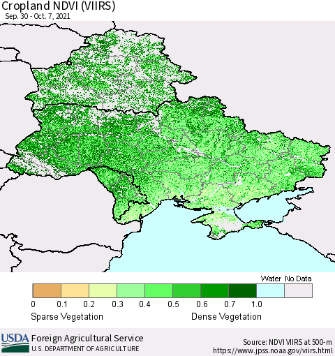 Ukraine, Moldova and Belarus Cropland NDVI (VIIRS) Thematic Map For 10/1/2021 - 10/10/2021