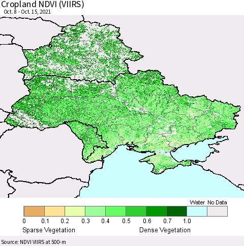 Ukraine, Moldova and Belarus Cropland NDVI (VIIRS) Thematic Map For 10/8/2021 - 10/15/2021