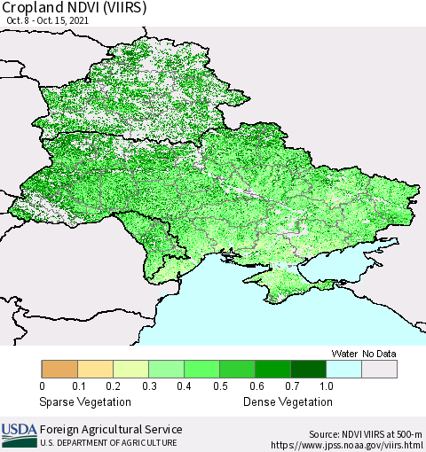 Ukraine, Moldova and Belarus Cropland NDVI (VIIRS) Thematic Map For 10/11/2021 - 10/20/2021