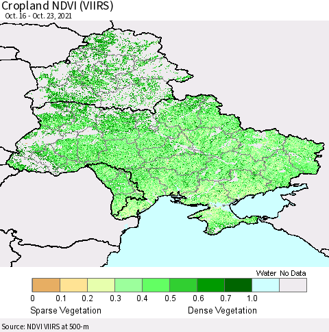 Ukraine, Moldova and Belarus Cropland NDVI (VIIRS) Thematic Map For 10/16/2021 - 10/23/2021