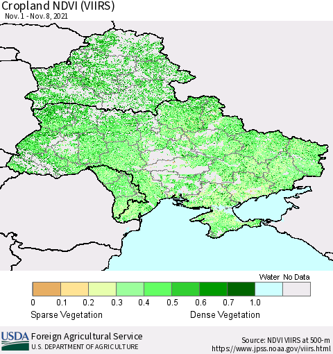 Ukraine, Moldova and Belarus Cropland NDVI (VIIRS) Thematic Map For 11/1/2021 - 11/10/2021