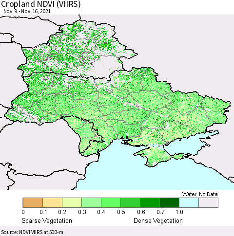 Ukraine, Moldova and Belarus Cropland NDVI (VIIRS) Thematic Map For 11/9/2021 - 11/16/2021