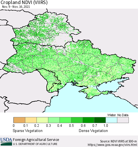 Ukraine, Moldova and Belarus Cropland NDVI (VIIRS) Thematic Map For 11/11/2021 - 11/20/2021