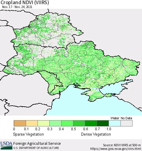 Ukraine, Moldova and Belarus Cropland NDVI (VIIRS) Thematic Map For 11/21/2021 - 11/30/2021