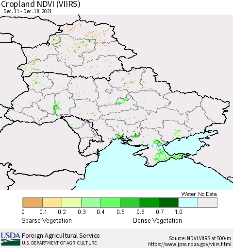 Ukraine, Moldova and Belarus Cropland NDVI (VIIRS) Thematic Map For 12/11/2021 - 12/20/2021