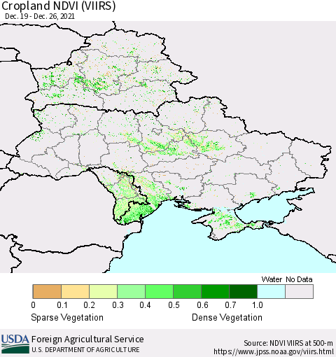 Ukraine, Moldova and Belarus Cropland NDVI (VIIRS) Thematic Map For 12/21/2021 - 12/31/2021