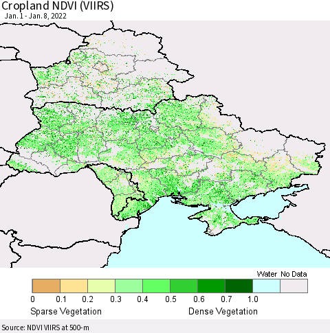 Ukraine, Moldova and Belarus Cropland NDVI (VIIRS) Thematic Map For 1/1/2022 - 1/8/2022