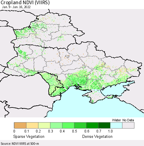Ukraine, Moldova and Belarus Cropland NDVI (VIIRS) Thematic Map For 1/9/2022 - 1/16/2022