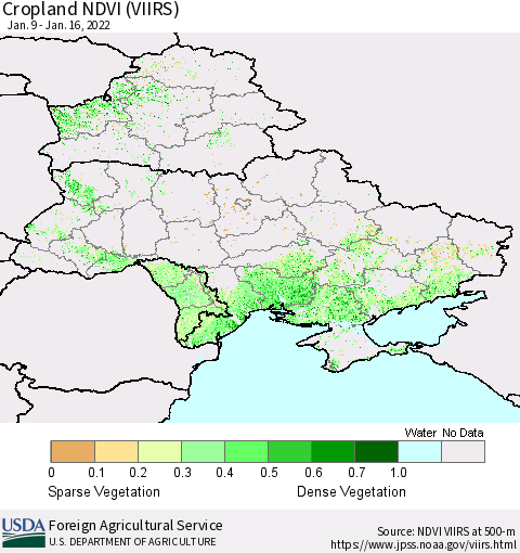 Ukraine, Moldova and Belarus Cropland NDVI (VIIRS) Thematic Map For 1/11/2022 - 1/20/2022