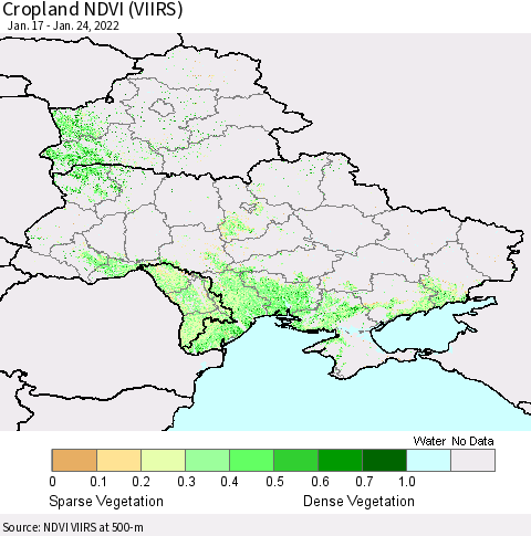 Ukraine, Moldova and Belarus Cropland NDVI (VIIRS) Thematic Map For 1/17/2022 - 1/24/2022
