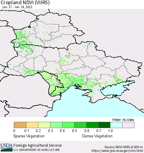 Ukraine, Moldova and Belarus Cropland NDVI (VIIRS) Thematic Map For 1/21/2022 - 1/31/2022