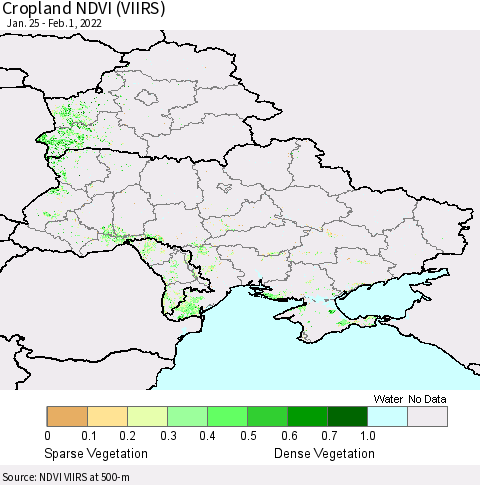 Ukraine, Moldova and Belarus Cropland NDVI (VIIRS) Thematic Map For 1/25/2022 - 2/1/2022