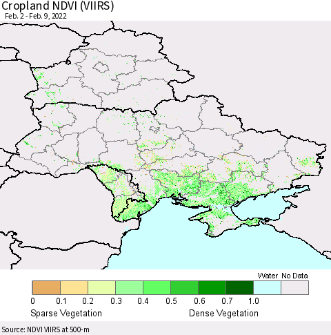 Ukraine, Moldova and Belarus Cropland NDVI (VIIRS) Thematic Map For 2/2/2022 - 2/9/2022