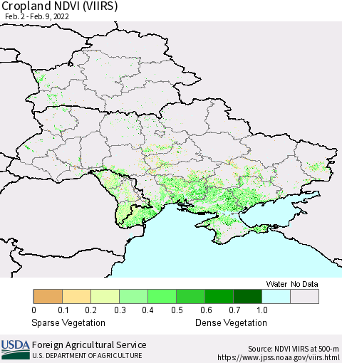 Ukraine, Moldova and Belarus Cropland NDVI (VIIRS) Thematic Map For 2/1/2022 - 2/10/2022