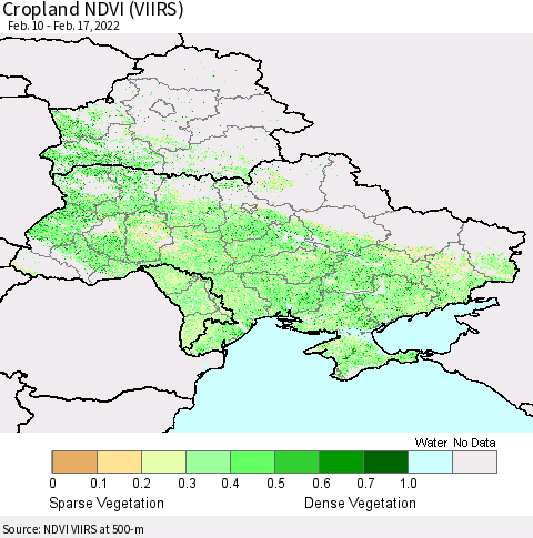 Ukraine, Moldova and Belarus Cropland NDVI (VIIRS) Thematic Map For 2/10/2022 - 2/17/2022