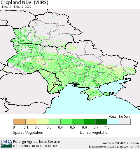 Ukraine, Moldova and Belarus Cropland NDVI (VIIRS) Thematic Map For 2/11/2022 - 2/20/2022