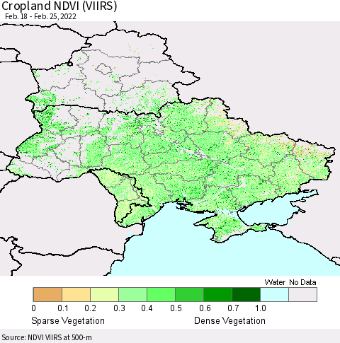 Ukraine, Moldova and Belarus Cropland NDVI (VIIRS) Thematic Map For 2/18/2022 - 2/25/2022
