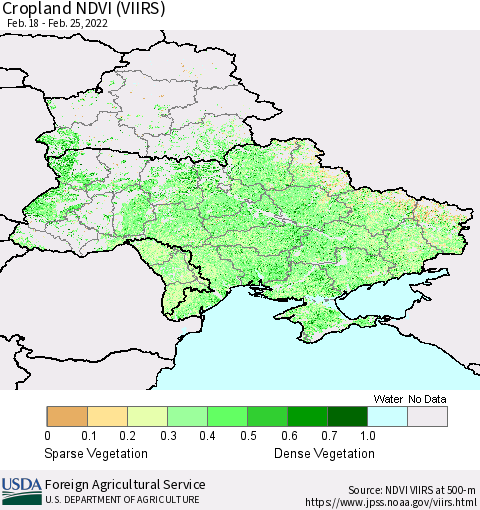 Ukraine, Moldova and Belarus Cropland NDVI (VIIRS) Thematic Map For 2/21/2022 - 2/28/2022