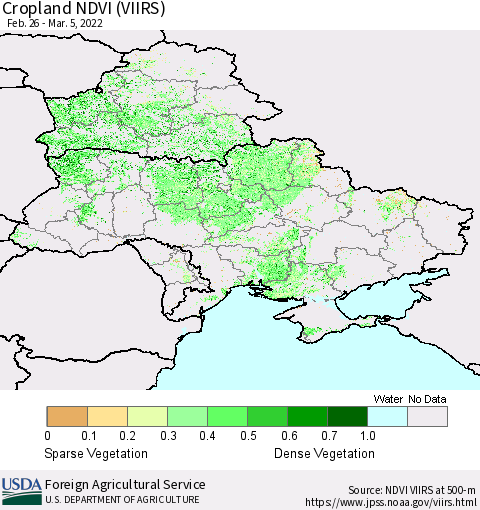 Ukraine, Moldova and Belarus Cropland NDVI (VIIRS) Thematic Map For 3/1/2022 - 3/10/2022