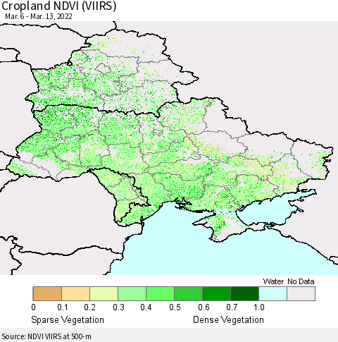 Ukraine, Moldova and Belarus Cropland NDVI (VIIRS) Thematic Map For 3/6/2022 - 3/13/2022