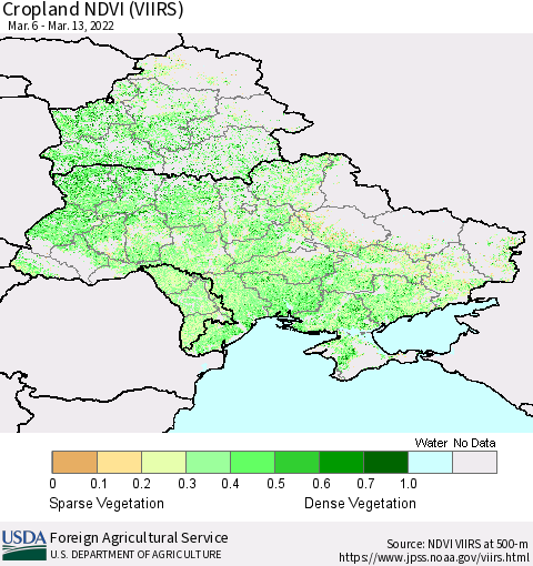 Ukraine, Moldova and Belarus Cropland NDVI (VIIRS) Thematic Map For 3/11/2022 - 3/20/2022