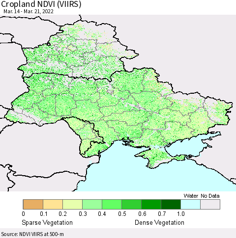 Ukraine, Moldova and Belarus Cropland NDVI (VIIRS) Thematic Map For 3/14/2022 - 3/21/2022