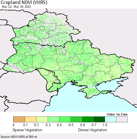 Ukraine, Moldova and Belarus Cropland NDVI (VIIRS) Thematic Map For 3/22/2022 - 3/29/2022