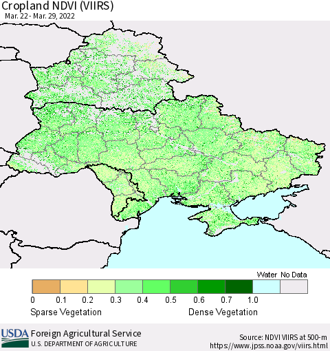 Ukraine, Moldova and Belarus Cropland NDVI (VIIRS) Thematic Map For 3/21/2022 - 3/31/2022