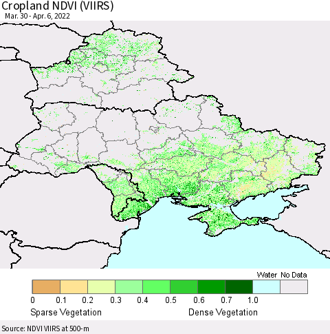 Ukraine, Moldova and Belarus Cropland NDVI (VIIRS) Thematic Map For 3/30/2022 - 4/6/2022