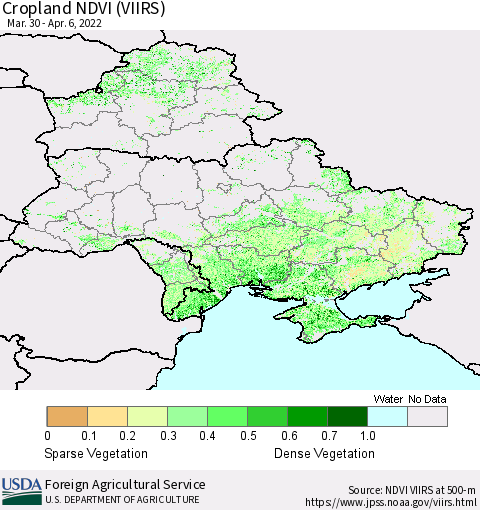 Ukraine, Moldova and Belarus Cropland NDVI (VIIRS) Thematic Map For 4/1/2022 - 4/10/2022