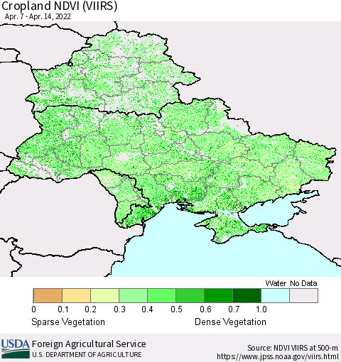Ukraine, Moldova and Belarus Cropland NDVI (VIIRS) Thematic Map For 4/11/2022 - 4/20/2022
