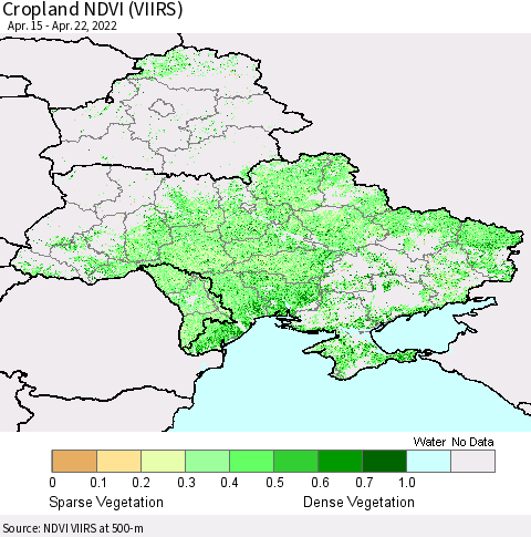 Ukraine, Moldova and Belarus Cropland NDVI (VIIRS) Thematic Map For 4/15/2022 - 4/22/2022
