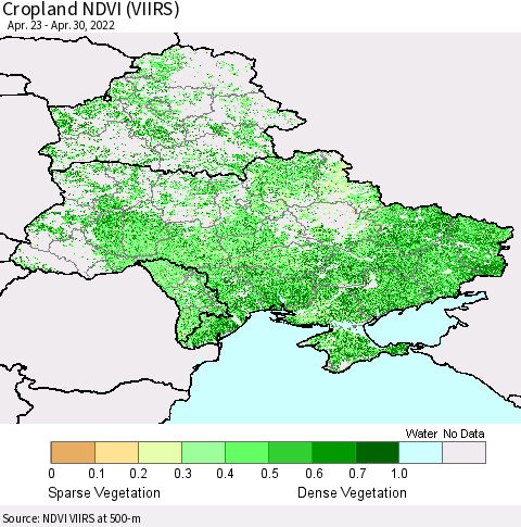 Ukraine, Moldova and Belarus Cropland NDVI (VIIRS) Thematic Map For 4/23/2022 - 4/30/2022