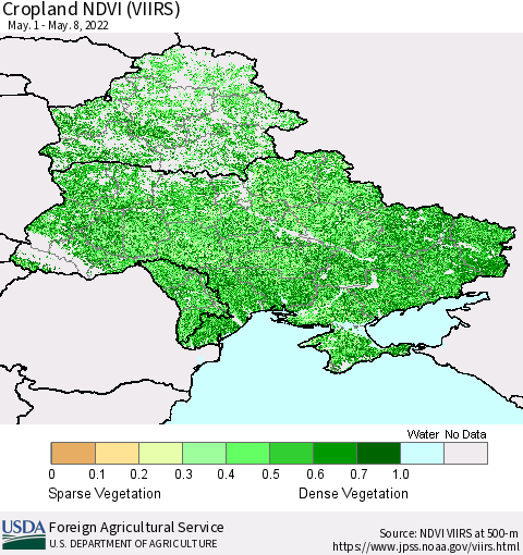 Ukraine, Moldova and Belarus Cropland NDVI (VIIRS) Thematic Map For 5/1/2022 - 5/10/2022