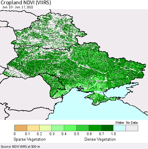 Ukraine, Moldova and Belarus Cropland NDVI (VIIRS) Thematic Map For 6/10/2022 - 6/17/2022