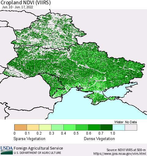 Ukraine, Moldova and Belarus Cropland NDVI (VIIRS) Thematic Map For 6/11/2022 - 6/20/2022