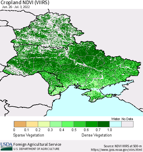 Ukraine, Moldova and Belarus Cropland NDVI (VIIRS) Thematic Map For 7/1/2022 - 7/10/2022