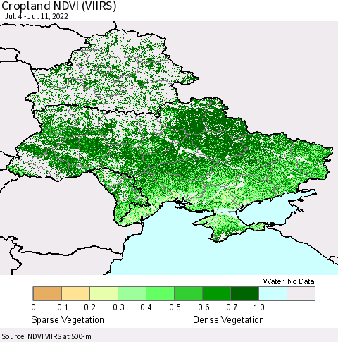 Ukraine, Moldova and Belarus Cropland NDVI (VIIRS) Thematic Map For 7/4/2022 - 7/11/2022