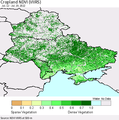 Ukraine, Moldova and Belarus Cropland NDVI (VIIRS) Thematic Map For 7/12/2022 - 7/19/2022