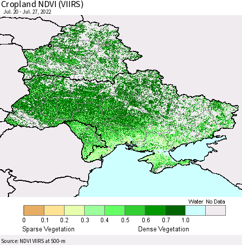 Ukraine, Moldova and Belarus Cropland NDVI (VIIRS) Thematic Map For 7/20/2022 - 7/27/2022