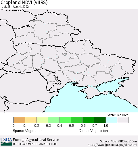Ukraine, Moldova and Belarus Cropland NDVI (VIIRS) Thematic Map For 8/1/2022 - 8/10/2022