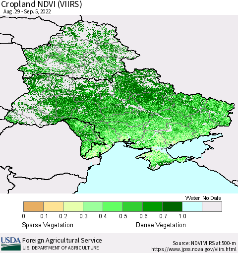 Ukraine, Moldova and Belarus Cropland NDVI (VIIRS) Thematic Map For 9/1/2022 - 9/10/2022