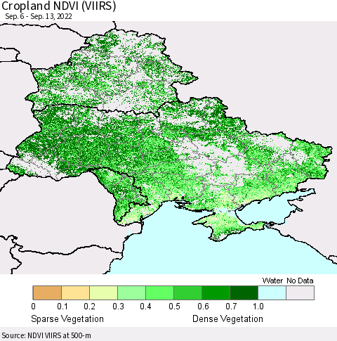 Ukraine, Moldova and Belarus Cropland NDVI (VIIRS) Thematic Map For 9/6/2022 - 9/13/2022